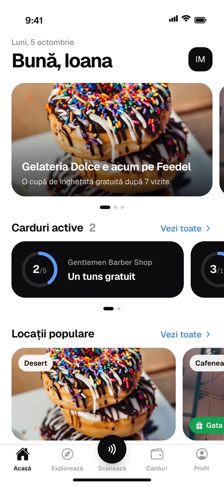 Ecranul Acasă din aplicația FEEDEL