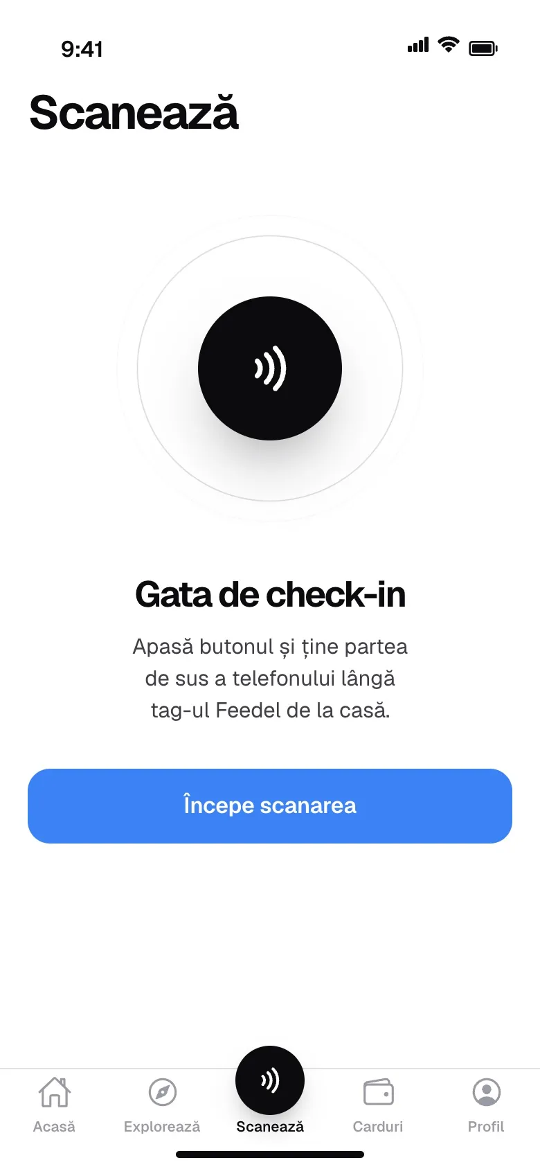 Ecranul de scanare NFC din aplicația FEEDEL